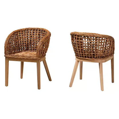 bali & pari Mario Set di 2 sedie da pranzo in legno di teak con finitura marrone naturale e rattan, stile bohémien moderno
