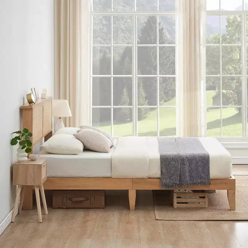 Struttura Letto in Rattan con Testiera Naturale, Luci a LED, Doghe in Legno Massello, Spazio Contenitore, Nessuna Rete a Molle Necessaria