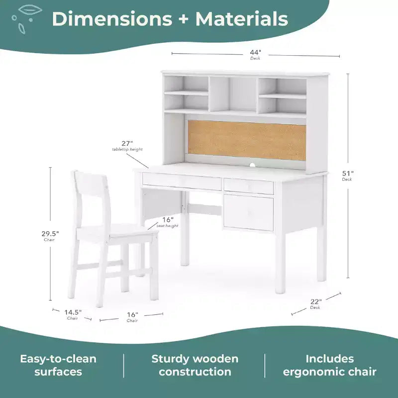 Set Scrivania e Sedia per Bambini Guidecraft Madison con Libreria - Bianco: Scrivania da Scrittura in Legno per Bambini con Contenitore, Tavolo da Studio in Legno per Bambini con Libreria