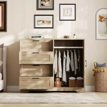 Guardaroba Armadio in Legno H 43.3 con 4 Cassetti e Asta Appendiabiti, Mobile Contenitore Multifunzionale per Camera da Letto