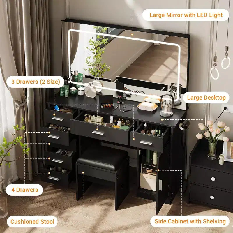 Toeletta Trucco con Specchio a LED a 3 Modalità e Prese di Ricarica, Grande Scrivania da Trucco con 7 Cassetti e Mobile Contenitore, Tavolo da Toeletta Moderno