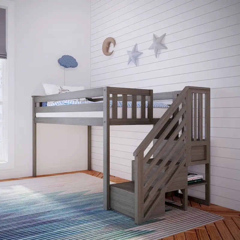 Letto a soppalco basso per gemelli Max e Lily con scale