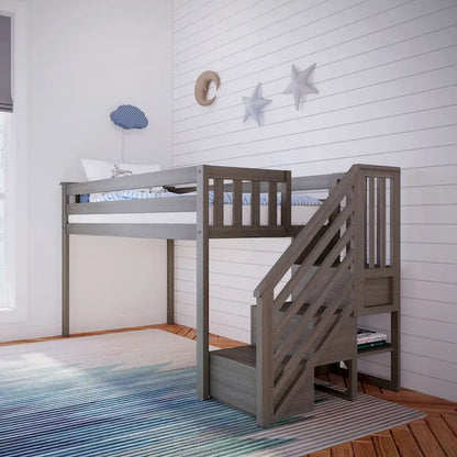 Letto a soppalco basso per gemelli Max e Lily con scale