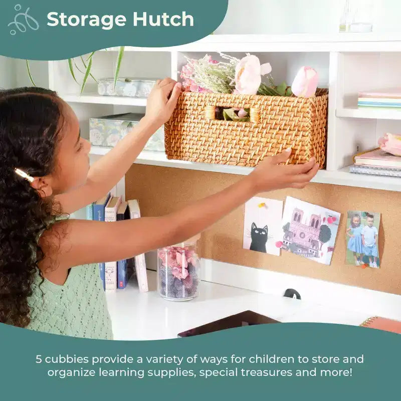 Set Scrivania e Sedia per Bambini Guidecraft Madison con Libreria - Bianco: Scrivania da Scrittura in Legno per Bambini con Contenitore, Tavolo da Studio in Legno per Bambini con Libreria