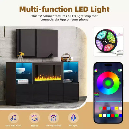 Meuble TV moderne avec lumières LED pour téléviseur de 75 pouces, table console multimédia avec étagères en verre trempé et foyer non chauffant