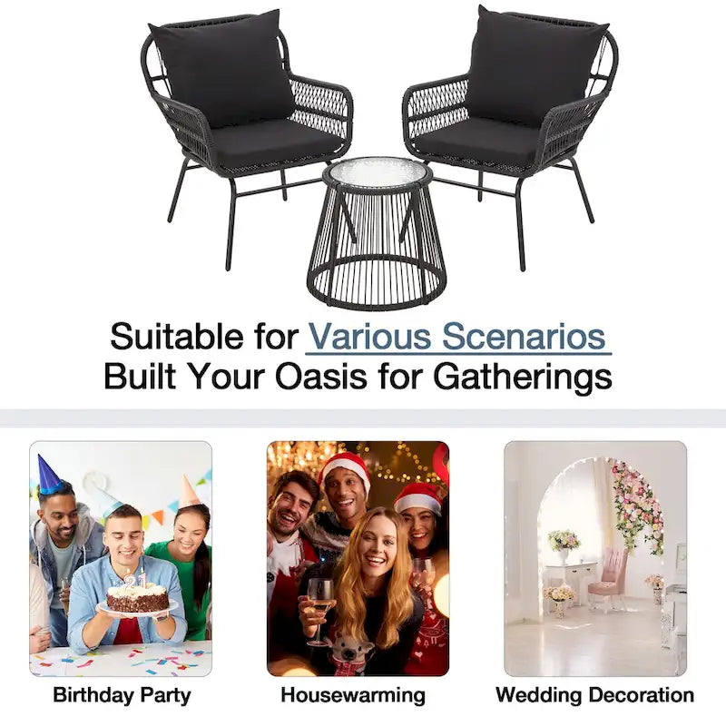 Set da Bistrot da Esterno in Rattan da 3 Pezzi, Set di Mobili da Giardino con Tavolo in Vetro e 2 Ampie Poltrone, Cuscini Inclusi