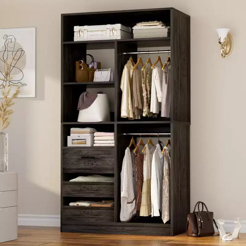 Organisateur de placard avec tiroirs en bois, système de rangement autoportant avec tringles de suspension