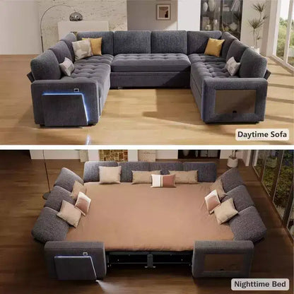 Divano componibile Dyonery a 8 posti a U con letto estraibile/schienale reclinabile/porte USB/tavolo/vano contenitore, montaggio senza attrezzi