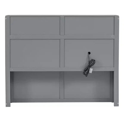 Letto a piattaforma idraulico Full/Queen con contenitore testiera a LED, stazione di ricarica, 2 cassetti e spazio di archiviazione sotto il letto, Bianco/Grigio-ModernLuxe