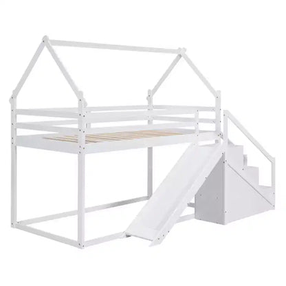 Lits superposés maison avec toboggan et escaliers de rangement, lit superposé double en bois avec toit et escaliers pour filles et garçons