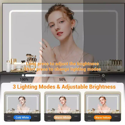 Toeletta Trucco con Specchio a LED a 3 Modalità e Prese di Ricarica, Grande Scrivania da Trucco con 7 Cassetti e Mobile Contenitore, Tavolo da Toeletta Moderno