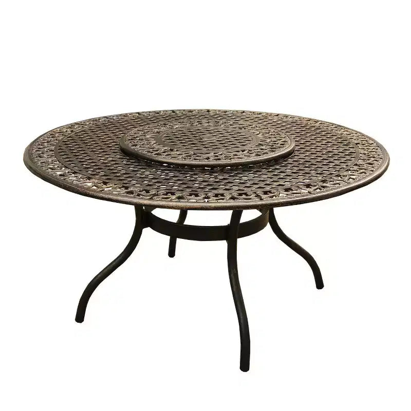 Set da pranzo da esterni da 7 pezzi con tavolo rotondo da 150 cm in alluminio a rete decorata, tradizionale e moderno-contemporaneo - Bronzo - Oakland Living