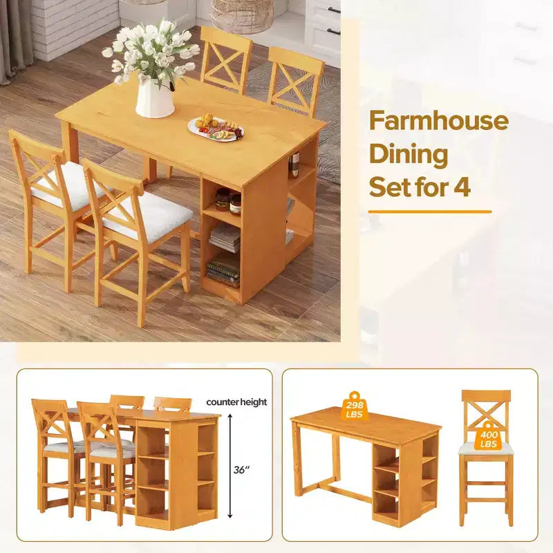 Set da pranzo a 5 pezzi in stile rustico ad altezza bancone per 4 persone, set da tavolo da bar in legno con ripiani e 4 sedie imbottite