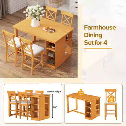 Set da pranzo a 5 pezzi in stile rustico ad altezza bancone per 4 persone, set da tavolo da bar in legno con ripiani e 4 sedie imbottite