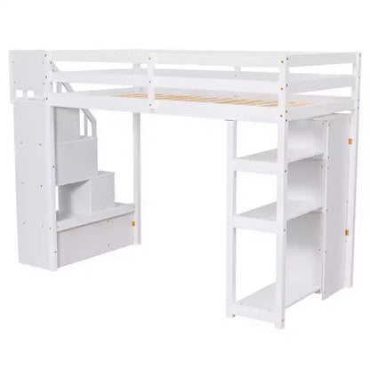 Lit mezzanine double en bois Whisen avec tiroirs de rangement, escalier et étagères