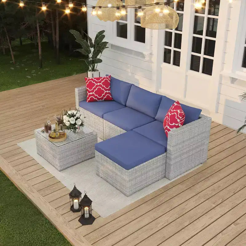 Set Mobili da Giardino 5 Pezzi, Divano Sezionale in Vimini per Tutte le Stagioni con Cuscini Antiscivolo, Set Divano in Rattan per Esterni con Pouf