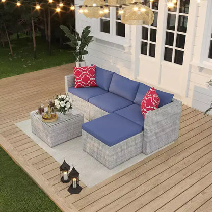 Set Mobili da Giardino 5 Pezzi, Divano Sezionale in Vimini per Tutte le Stagioni con Cuscini Antiscivolo, Set Divano in Rattan per Esterni con Pouf