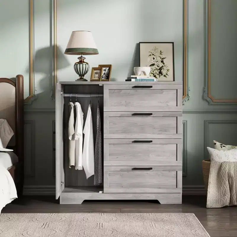 Armadio Guardaroba, 109,98 cm H, in Legno, con 4 Cassetti e Asta Appendiabiti, Rovere Naturale Grigio