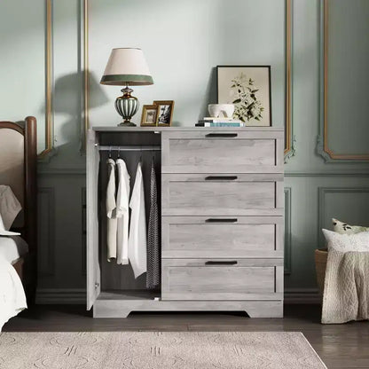 Armadio Guardaroba, 109,98 cm H, in Legno, con 4 Cassetti e Asta Appendiabiti, Rovere Naturale Grigio