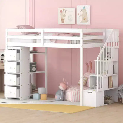 Lit mezzanine double en bois Whisen avec tiroirs de rangement, escalier et étagères