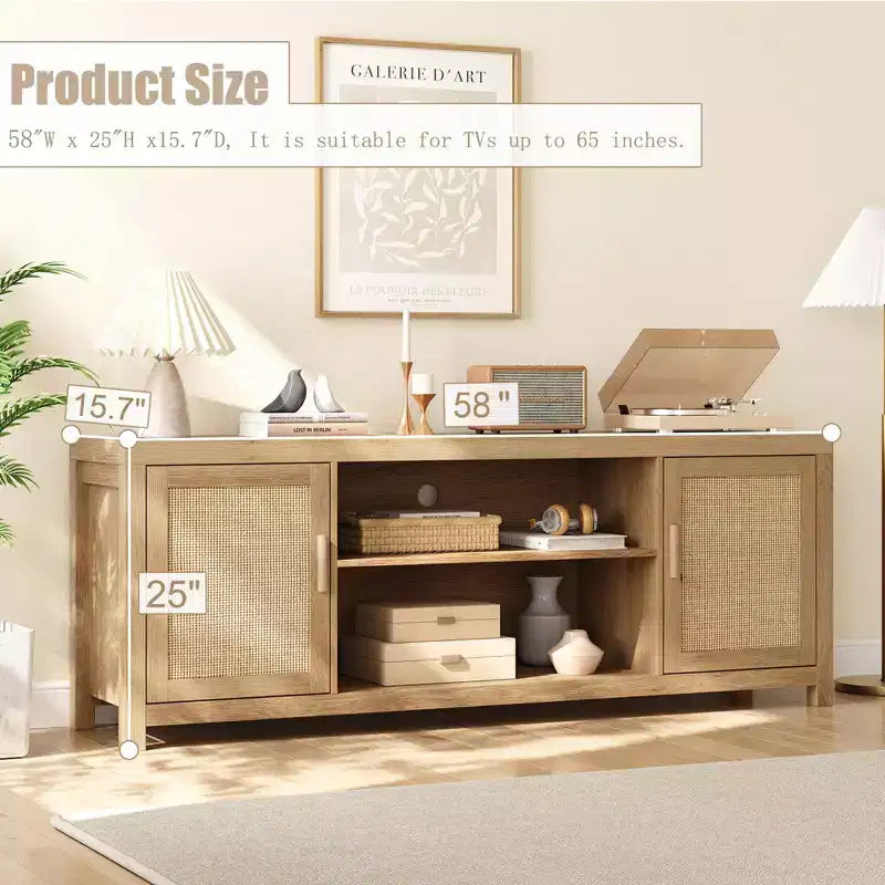 Mobile TV Boho, Porta TV in Rattan con Ripiani Regolabili e Contenitore, Quercia Naturale