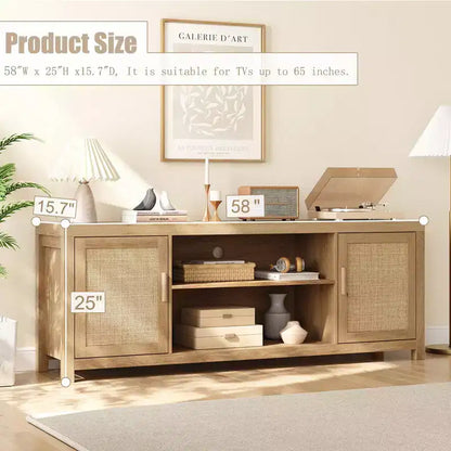 Mobile TV Boho, Porta TV in Rattan con Ripiani Regolabili e Contenitore, Quercia Naturale