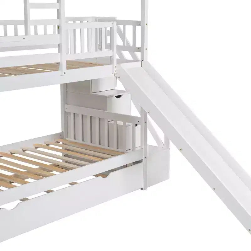 Letto a Castello Whisen Twin over Twin con Letto Estraibile e Scivolo, Scala Contenitore, Design Tetto e Finestra