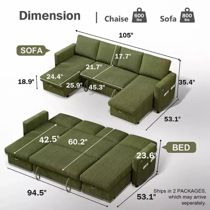 Divano letto estraibile a quattro posti Dyonery da 105 pollici con contenitore, tasche laterali, schienale regolabile, convertibile