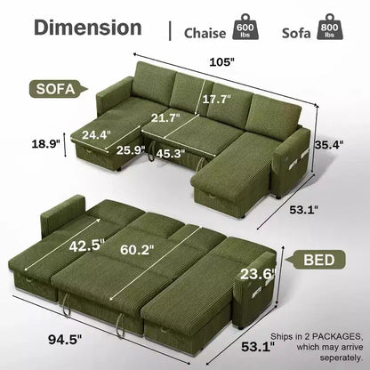 Divano letto estraibile a quattro posti Dyonery da 105 pollici con contenitore, tasche laterali, schienale regolabile, convertibile