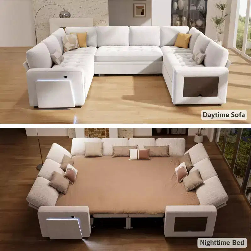 Divano componibile Dyonery a 8 posti a U con letto estraibile/schienale reclinabile/porte USB/tavolo/vano contenitore, montaggio senza attrezzi