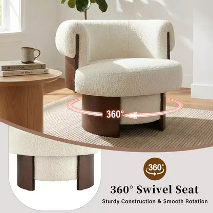 Fauteuil baril pivotant Whisen 360° avec design sculptural en bois courbé, cadre en bois massif, 81 cm de large, polyvalent pour le salon et la chambre à coucher