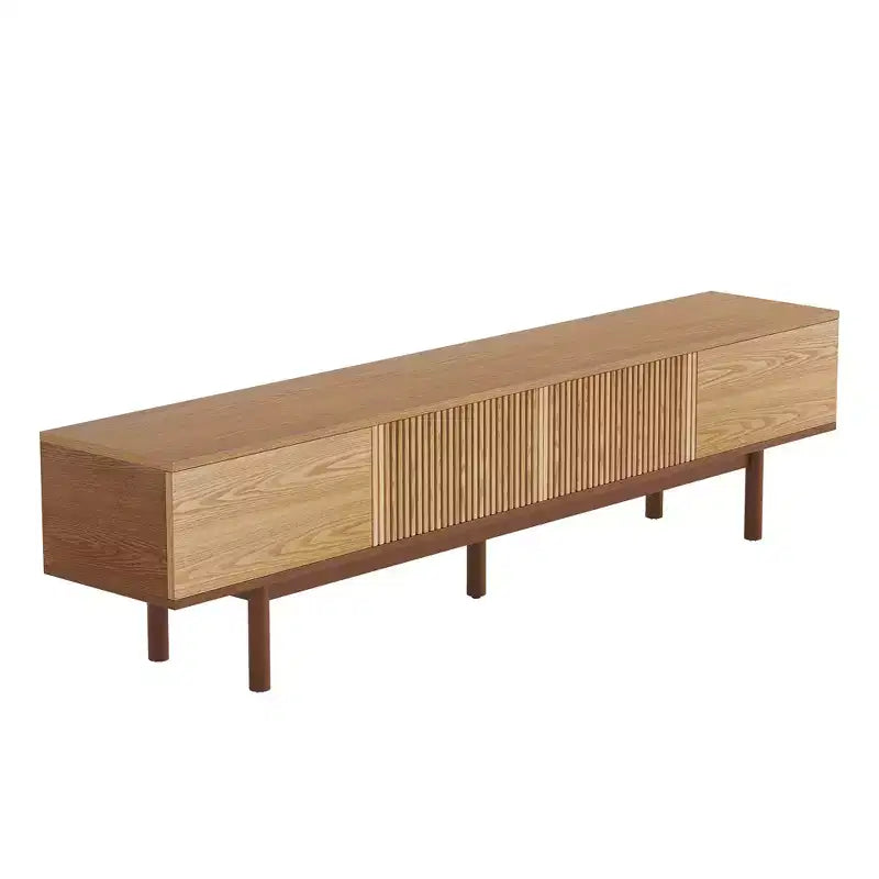 Meuble TV Mid-Century Modern 86,6 po en bois massif, console média avec espace de rangement, couleur naturelle