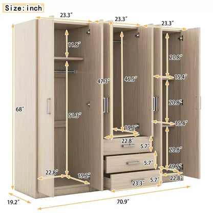 Armoire 6 portes en bois avec tiroirs pour chambre à coucher