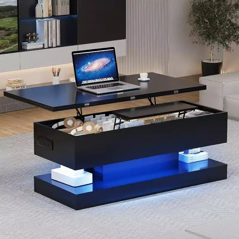Table basse relevable avec éclairage LED, finition brillante, rangement contrôlé par application, réglable et convertible, table à manger moderne pour salon