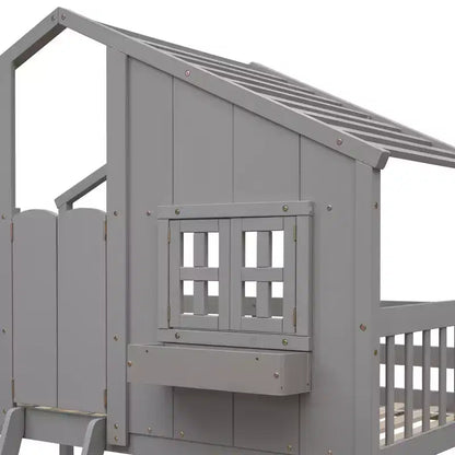 Lit mezzanine cabane de taille double, lit mezzanine cabane en bois avec échelle et barrières de sécurité pour enfants
