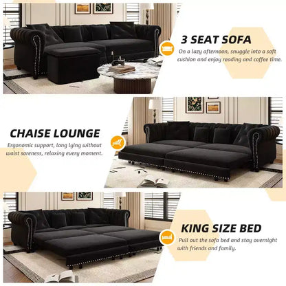 Canapé-lit gigogne 3-en-1 King Size Whisen Velvet et canapé convertible avec pouf mobile, design capitonné