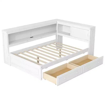 Letto angolare a grandezza naturale con cassetti portaoggetti, libreria, struttura letto a giorno in legno a forma di L con testiera a libreria per soggiorno