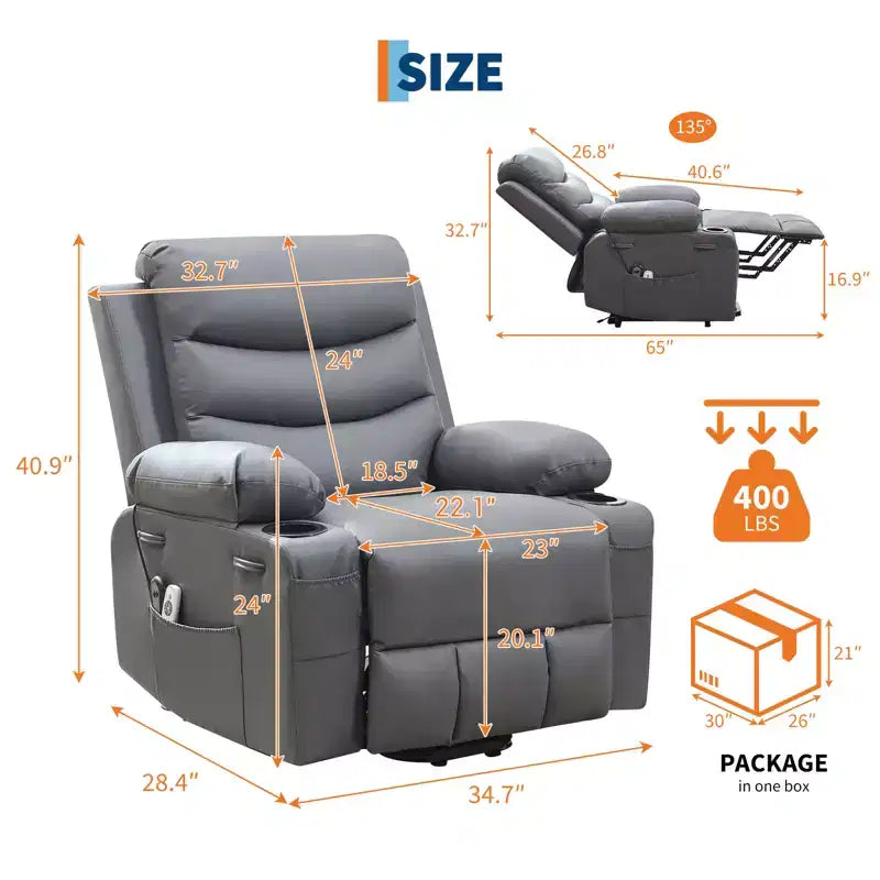 Fauteuil inclinable électrique releveur, fauteuils inclinables électriques pour personnes âgées avec fonction chauffante et massante, aide à la levée, porte-gobelets, poche latérale, pour salon