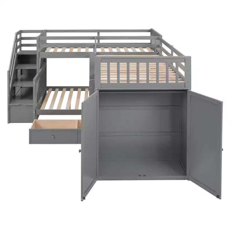 Lit superposé en L Whisen Modern Design (jumeau sur grand) avec 3 tiroirs, bureau portable et armoire