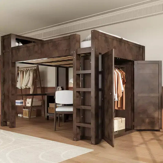 Lit mezzanine Whisen Wooden Queen avec armoire et bureau, tête de lit intégrée avec rangement