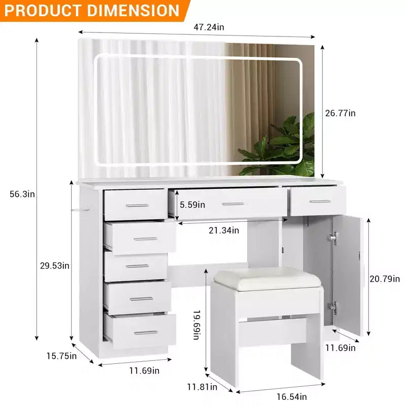 Toeletta Trucco con Specchio a LED a 3 Modalità e Prese di Ricarica, Grande Scrivania da Trucco con 7 Cassetti e Mobile Contenitore, Tavolo da Toeletta Moderno