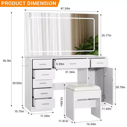 Toeletta Trucco con Specchio a LED a 3 Modalità e Prese di Ricarica, Grande Scrivania da Trucco con 7 Cassetti e Mobile Contenitore, Tavolo da Toeletta Moderno
