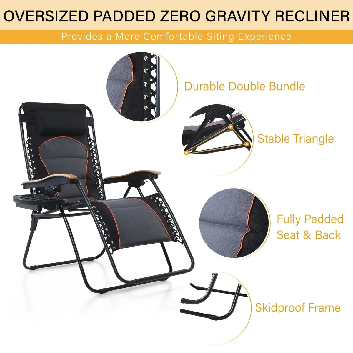 Fauteuil de relaxation zéro gravité XL surdimensionné rembourré avec accoudoirs plus larges et porte-gobelet réglable - N/A