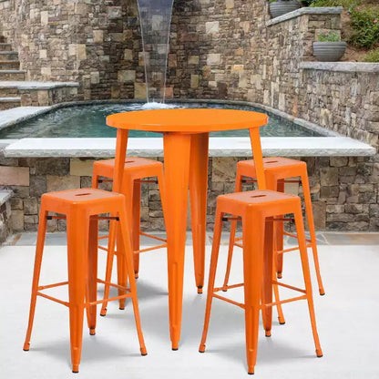 Ensemble table de bar ronde en métal de 76 cm de diamètre, qualité commerciale, pour intérieur et extérieur, avec 4 tabourets carrés sans dossier de Flash Furniture