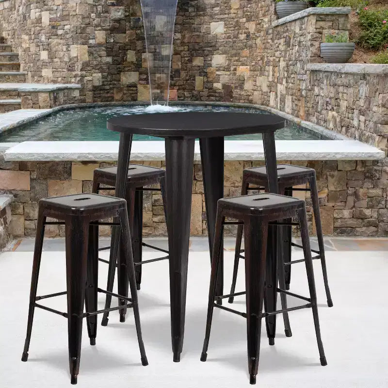 Ensemble table de bar ronde en métal de 76 cm de diamètre, qualité commerciale, pour intérieur et extérieur, avec 4 tabourets carrés sans dossier de Flash Furniture