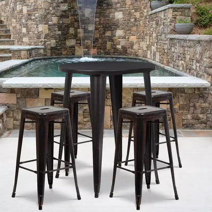 Ensemble table de bar ronde en métal de 76 cm de diamètre, qualité commerciale, pour intérieur et extérieur, avec 4 tabourets carrés sans dossier de Flash Furniture