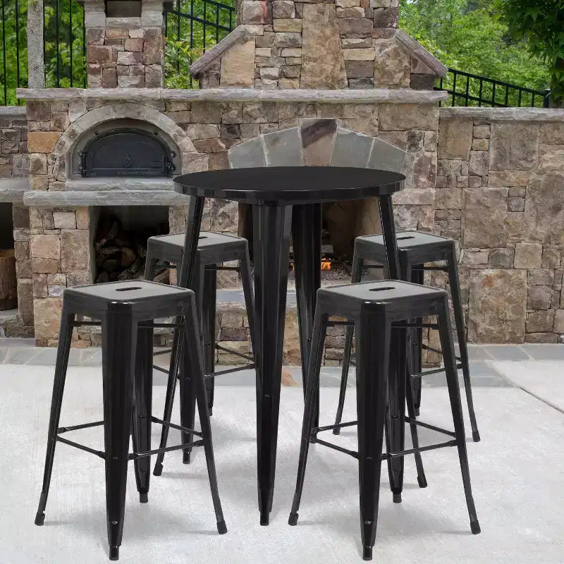 Ensemble table de bar ronde en métal de 76 cm de diamètre, qualité commerciale, pour intérieur et extérieur, avec 4 tabourets carrés sans dossier de Flash Furniture