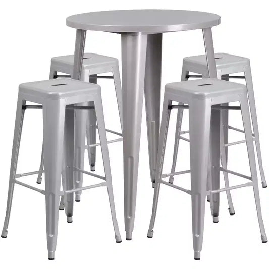 Flash Furniture Commercial Grade 30 Round Metal Indoor-Outdoor Bar Table Set with 4 Square Seat Backless Stools