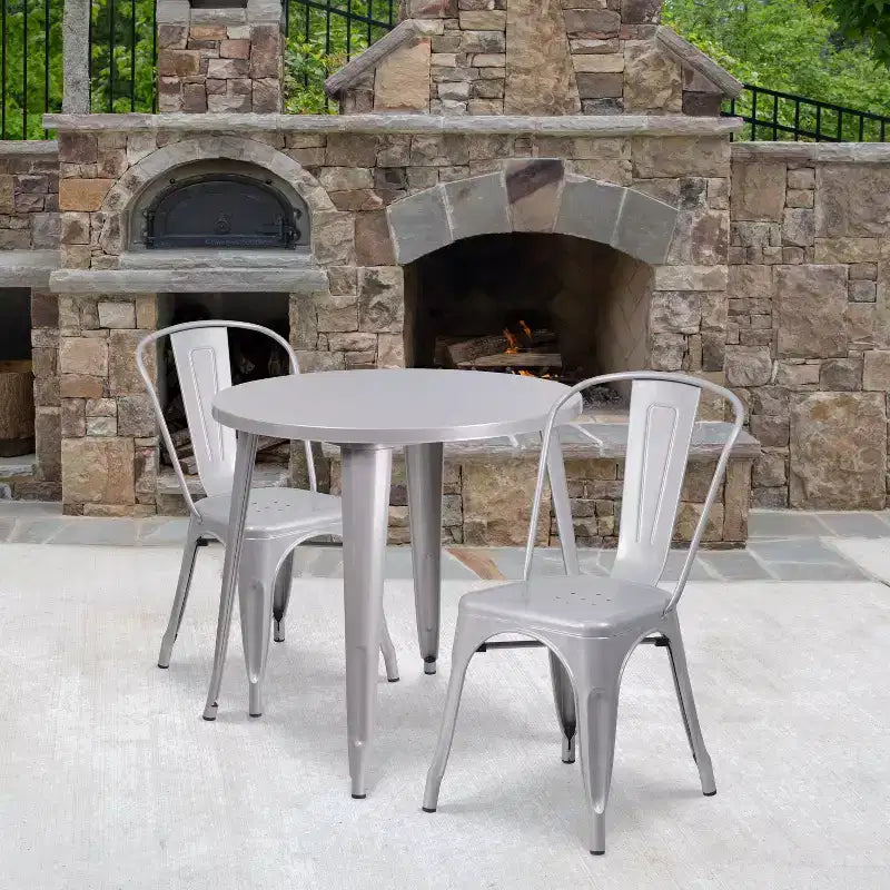 Ensemble de table ronde d'intérieur-extérieur en métal de 76 cm de diamètre de qualité commerciale Flash Furniture avec 2 chaises de café
