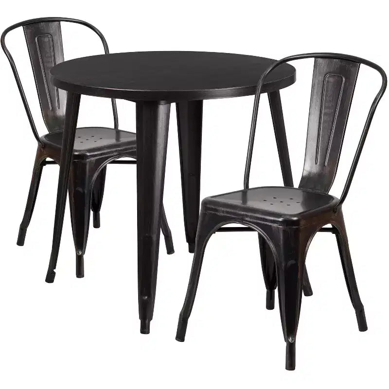 Ensemble de table ronde d'intérieur-extérieur en métal de 76 cm de diamètre de qualité commerciale Flash Furniture avec 2 chaises de café